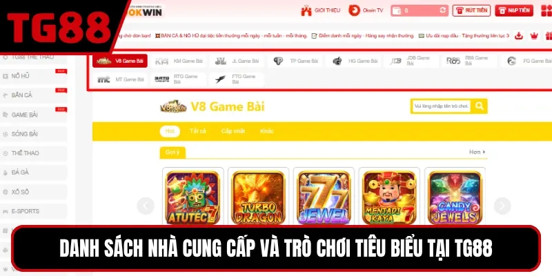 Danh sách nhà cung cấp và trò chơi tiêu biểu tại TG88