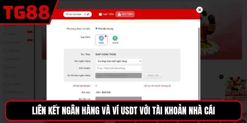 Liên kết ngân hàng và ví USDT với tài khoản nhà cái